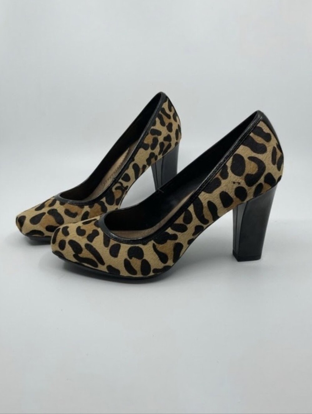 Me Too Leopard Print Block Heel Pumps Heels Calf Hair Square Toe 7.5